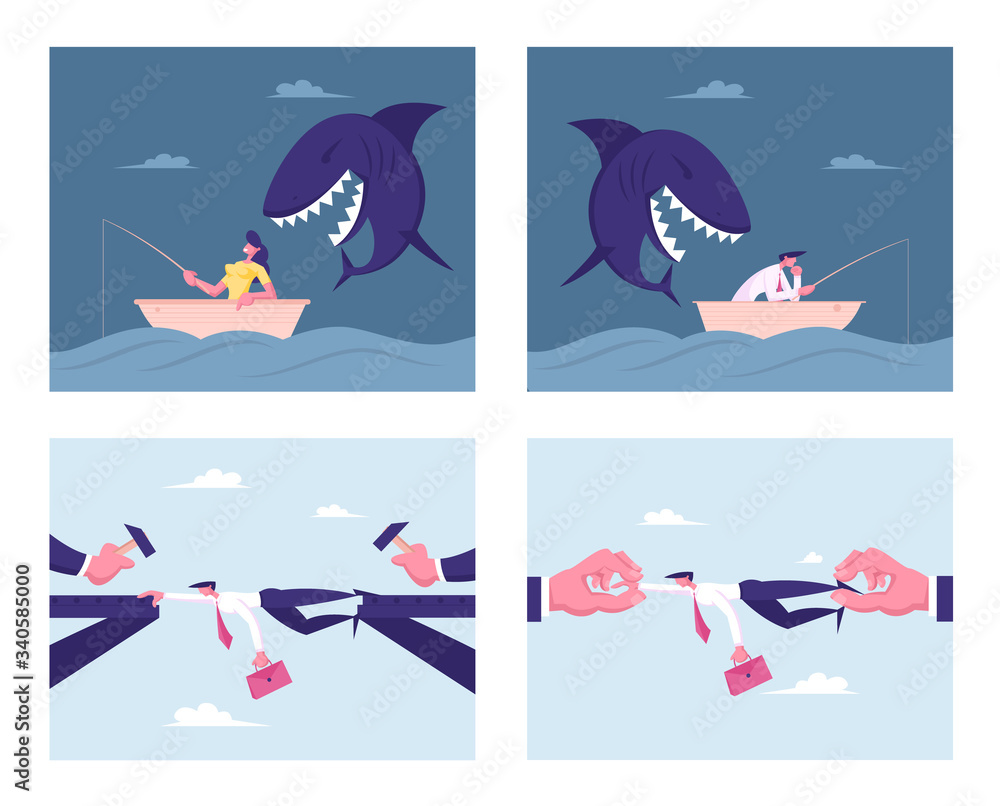 Set of Business Characters Unexpected Difficulties, Crisis. Man Stretched like Bridge, Hands Hit with Hammers. People Fishing in Ocean, Huge Shark Prepare to Attack. Cartoon Vector Illustration