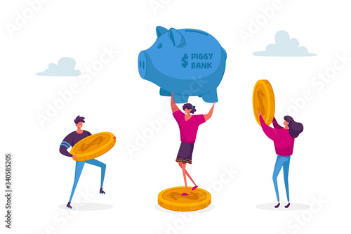 Tiny Male and Female Characters Put Golden Coins into Huge Piggy Bank. Money Saving, Finance, Budget Concept. Financial Savings, Investment Deposit and Moneybox. Cartoon People Vector Illustration