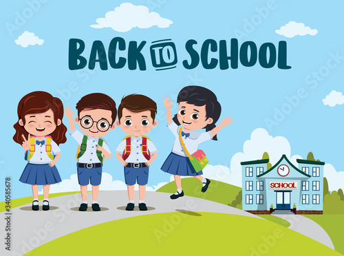 Back to school classmates vector design. Back to school text and campus with pre-school, student characters going home after class. Vector illustration. 
