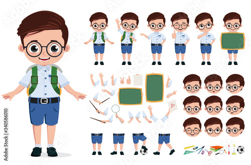 School boy character creation, vector set. Back to school editable character student kid in school uniform with different face head expression, hand and body movement for education designs.