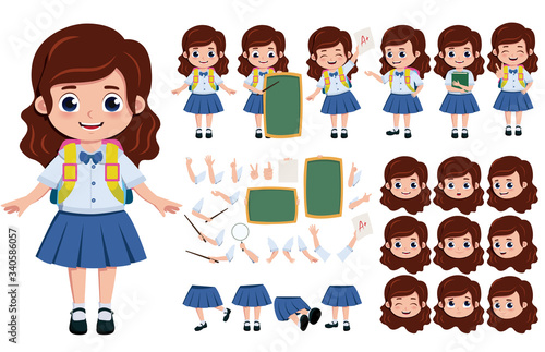 Student girl character creation, vector set. School girl editable character creation, kit in different face, hand and body pose for education elements. Vector illustration. 
