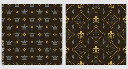 Royal Backgrounds. Two Samples Wallpaper For Your Design. Colors Used In The Images: Green, Silver, White. Seamless Pattern.