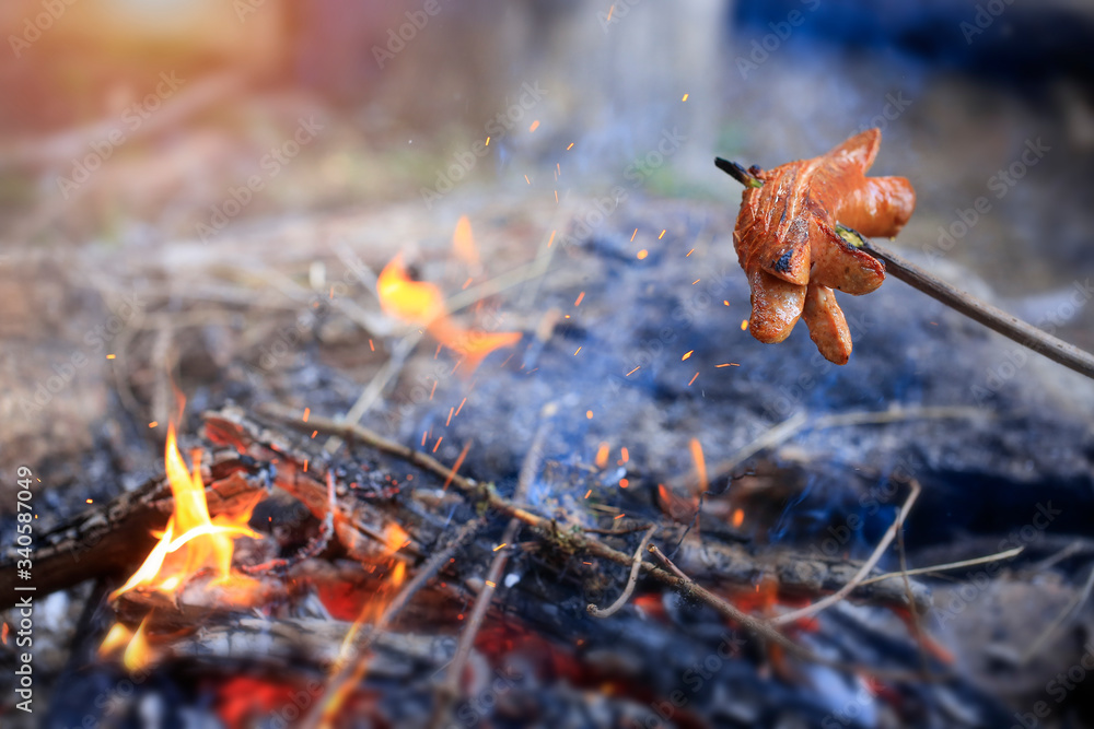 Sausage on stick frying on camp fire. Picnic on the forest . Grill weekend. Beautiful weather as created for toasting. Sausage on stick frying on camp fire. Picnic on the forest . Grill weekend. Beautiful weather as created for toasting.