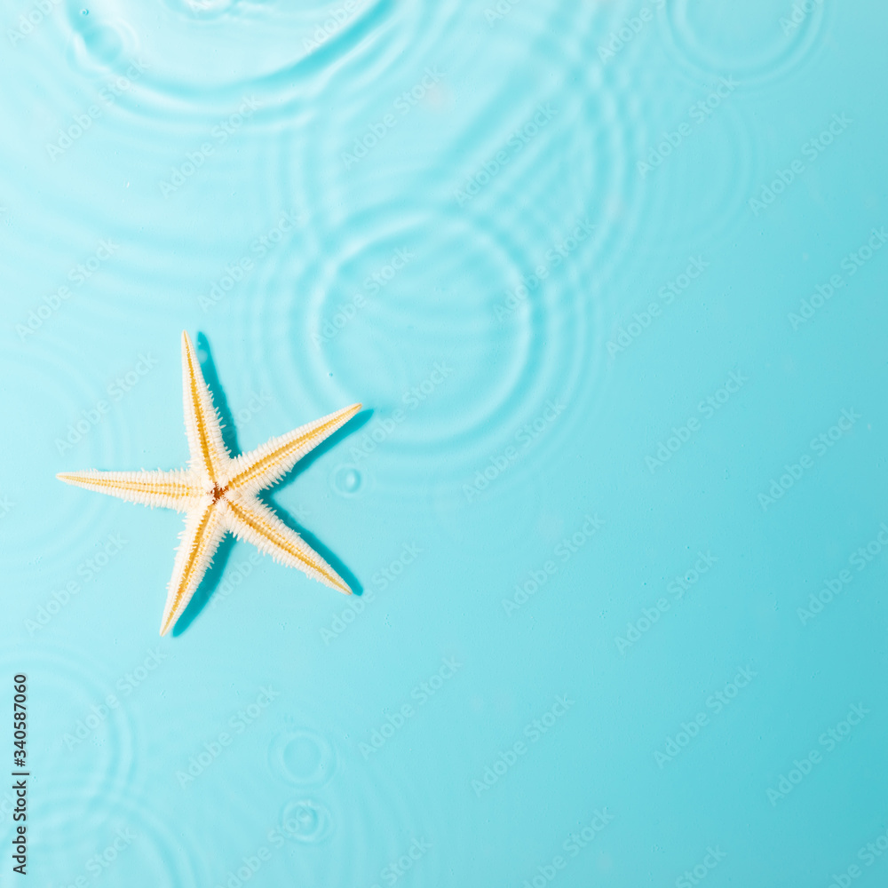 Water background. Blue water texture, surface of blue swimming pool and starfish. Spa concept background. Flat lay, top view, copy space Water background. Blue water texture, surface of blue swimming pool and starfish. Spa concept background. Flat lay, top view, copy space