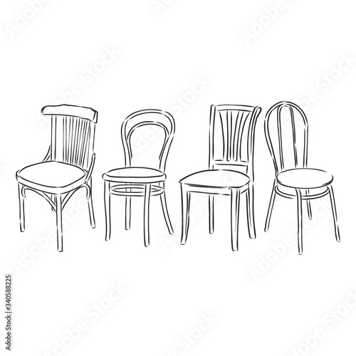 Furniture set. Interior detail outline collection: chair, armchair, stool. wooden chair vector sketch illustration