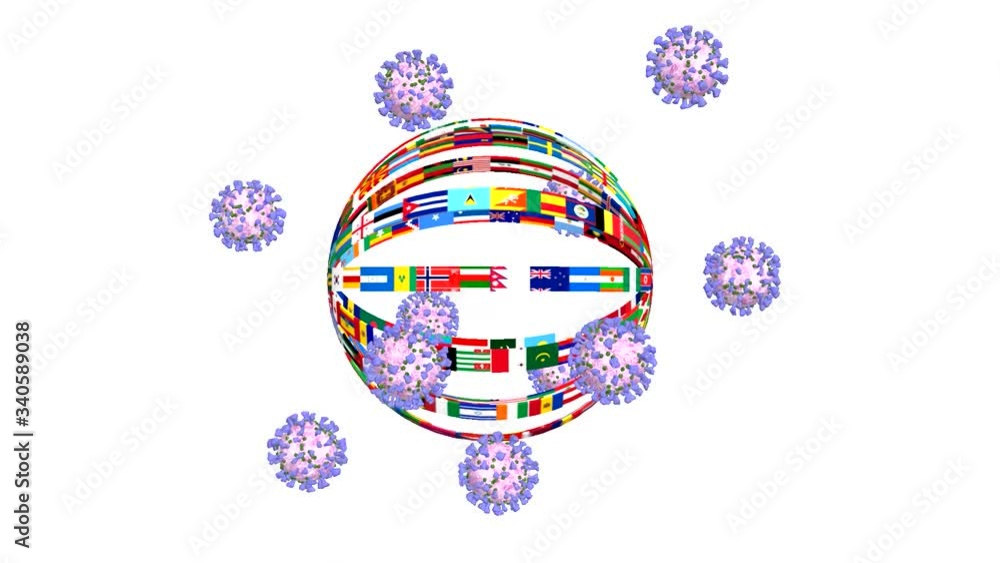 Coronavirus covid 19 revolves around a Flags of all countries of the world. Coronavirus covid 19 revolves around a Flags of all countries of the world.