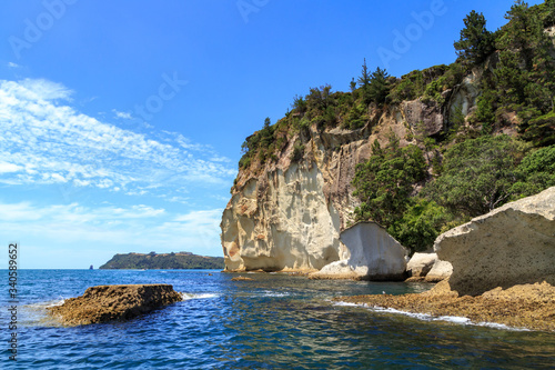 Shakespeare Cliff near Whitianga on the Coromandel Peninsula, New Zealand., rising steeply from the ocean