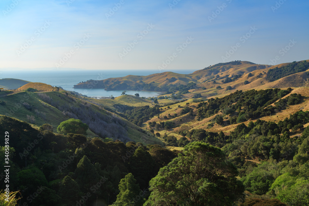 Coastline on the Coromandel Peninsula, New Zealand. A view from the hills, looking towards the tiny settlement of Kiritia Bay 