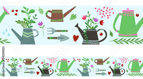 Seamless border, ribbon, gardening, watering can, potted flowers. Spring time vector drawing. Design for duct tape, adhesive tape, wallpaper, textile, dyeing.
