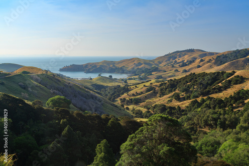 Coastline on the Coromandel Peninsula, New Zealand. A view from the hills, looking towards the tiny settlement of Kiritia Bay 