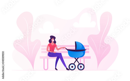 Young Woman Character in Medical Mask Sitting on Bench with Baby Stroller Lulling Child in Park. Mother Walk with Newborn Kid Spending Time Outdoor during Covid19 Pandemic. Cartoon Vector Illustration