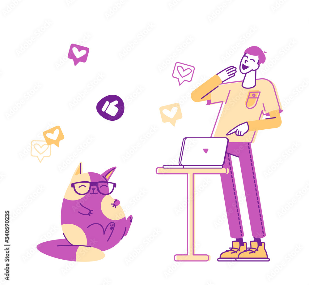 Male Character or Teenager Watching Funny Viral Video Clip on Laptop with Cute Cat Wearing Glasses Playing. Social Media and Heart Icons around. Shared Internet Content. Linear Vector Illustration Male Character or Teenager Watching Funny Viral Video Clip on Laptop with Cute Cat Wearing Glasses Playing. Social Media and Heart Icons around. Shared Internet Content. Linear Vector Illustration