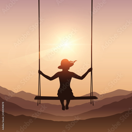 pretty girl on a swing on brown mountain background in summer vector illustration EPS10