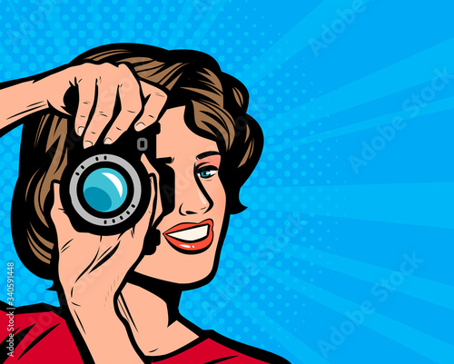 Happy young woman with camera. Photographer retro comic pop art vector illustration