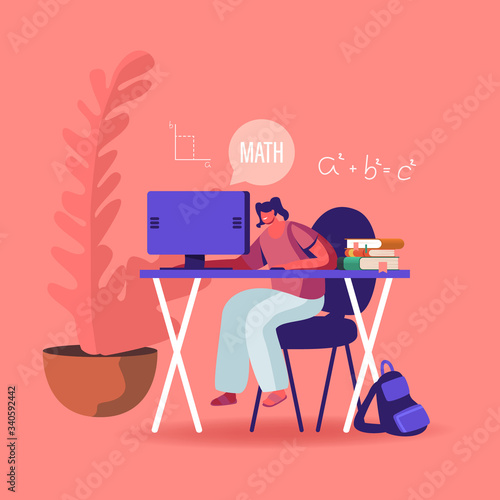 Schoolgirl Character Learning Distant at Covid19 Pandemic Quarantine Self Isolation. Girl Pupil Sitting at Desk Watching Mathematics Lesson via Internet Online Broadcast. Cartoon Vector Illustration