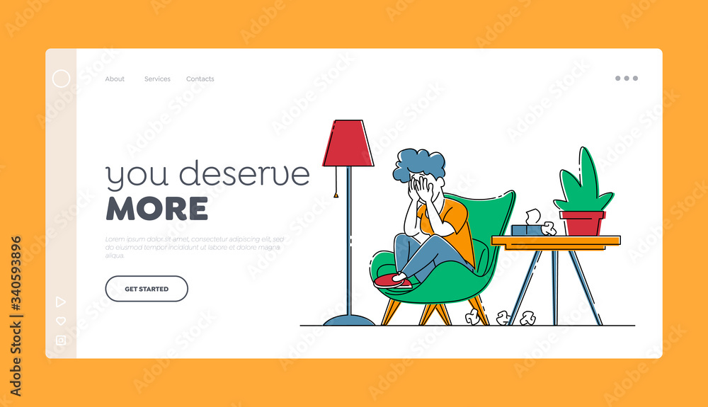 Family Relations, Divorce and Marriage Crisis Landing Page Template. Unhappy Sad Female Character Sitting in Living Room Crying and Feel Bad cos of Quarrel with Husband. Linear Vector Illustration