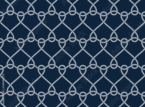 Vector ropes, fishing net, seamless. Blue background.