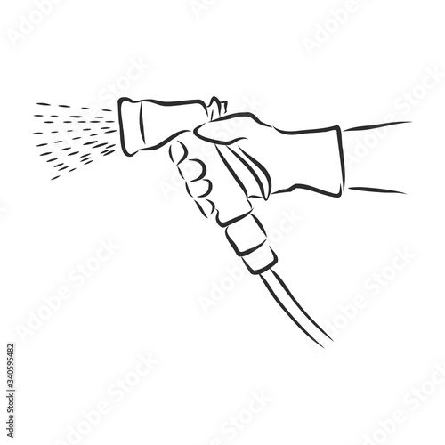 stock vector illustration drawing in doodle style. garden hose nozzle for irrigation. cute garden tools icon isolated on white background , garden sprayer in hand vector sketch illustration