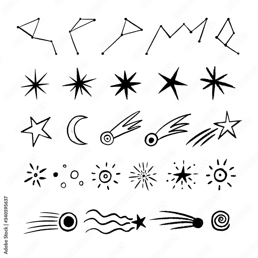 Doodle Space set with cosmic objects. Many cute hand drawn zodiac, moon, planets, comets, constellations, stars on white background. Vector galaxy set for print, textile, paper Doodle Space set with cosmic objects. Many cute hand drawn zodiac, moon, planets, comets, constellations, stars on white background. Vector galaxy set for print, textile, paper