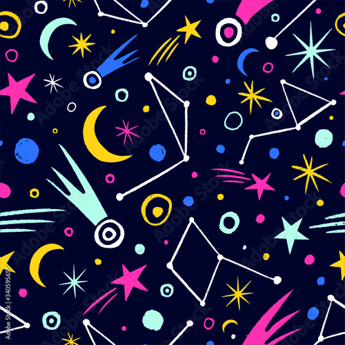 Fototapeta Naklejka Na Ścianę i Meble -  Hand drawn colorfull space seamless pattern. Galaxy background. Space doodle illustration. Vector illustration. Seamless pattern with cartoon space planets, comets, constellations and stars, zodiac