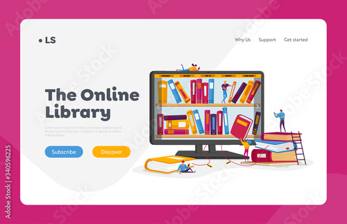 Online Library and Media Books Archive Landing Page Template. Tiny People Characters at Huge Computer Screen with Bookshelves Reading E-books and Study, Digital E-library. Cartoon Vector Illustration