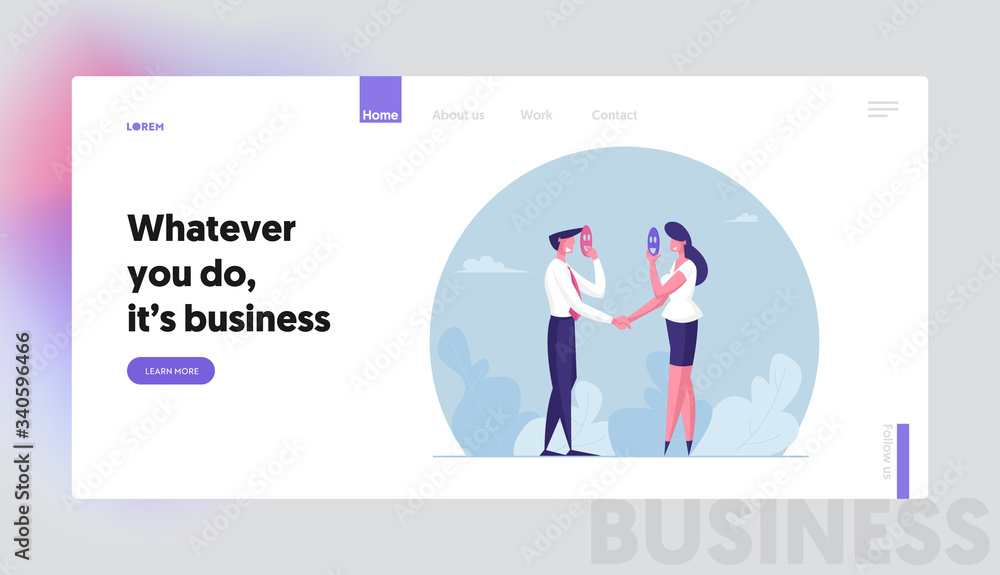 Faking and Betray Business Partnership Landing Page Template. Business People Characters Holding Mask Hiding Faces and Shaking Hands. Dishonest Cheating Agreement, Fake. Cartoon Vector Illustration