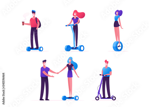 Set of People in Medical Masks Riding Ecology Transport as Scooter Hoverboard Monowheel. Teenagers, Characters Driving Different Eco Transportation during Covid19 Epidemic. Cartoon Vector Illustration