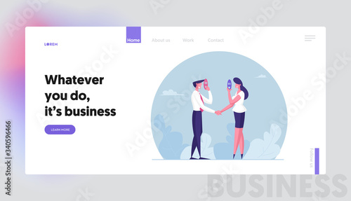 Faking and Betray Business Partnership Landing Page Template. Business People Characters Holding Mask Hiding Faces and Shaking Hands. Dishonest Cheating Agreement, Fake. Cartoon Vector Illustration