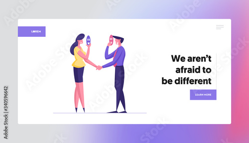 Dishonest Agreement, Faking Betray Business Partnership Landing Page Template. Businessman and Businesswoman Characters Holding Mask Hiding Face and Shaking Hands. Cartoon People Vector Illustration