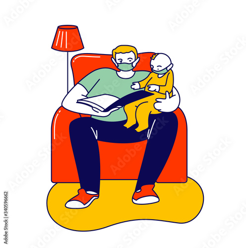 Parent with Kid Spend Time Together. Single Father Character in Medical Mask Reading Book to Son, Baby Listen Dad. Covid19 Quarantine Sparetime, Stay Home Isolation. Linear People Vector Illustration