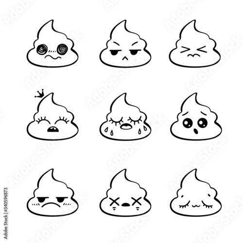 Poop emoji face icons, crap signs, cartoon shit. Vector unique hand drawn style, smiling poop faces