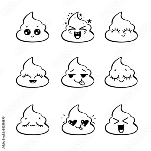 Emotional shit icons. Cute funny poop set.  Happy emoji, emoticons. Smiling faces symbols. Vector signs