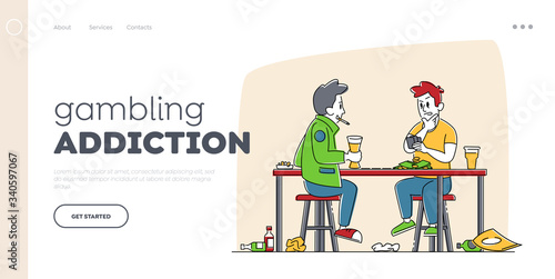 Bad Habits and Addiction Landing Page Template. Male Characters Smoking and Playing Cards Sitting at Table with Alcohol Drink Bottles. Men Playing Gambling, Gaming. Linear People Vector Illustration