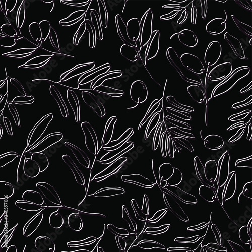 Olives seamless pattern with olive branches and fruits for Italian cuisine design or extra virgin oil food or cosmetic product packaging wrapper. Hand drawn Illustration in vector.