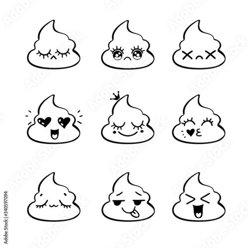 Poop emoji face icons, crap signs, cartoon shit. Smiling faces symbols. Vector signs. Emotional shit icons. Cute funny poop set. 