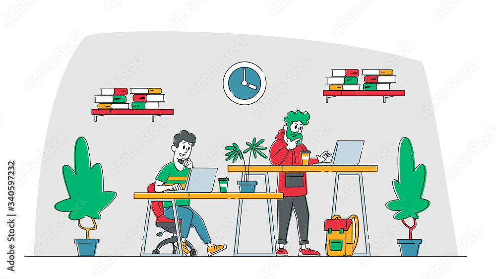 Creative Team Characters Make Site or Web Interface Project. Website Designer and Programmer Developer Meeting in Coworking Area. Wireframe Develop, Office Teamwork. Linear People Vector Illustration