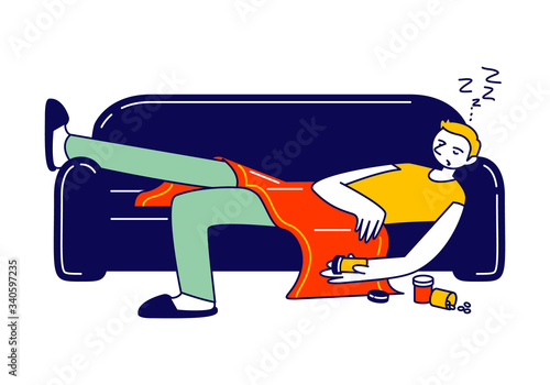 Addiction of Sleeping Pills, Suicide Concept. Young Man Character Sleep on Couch with Dormitive Tablets and Bottles Scattered on Floor. Health Disease, Insomnia Problem. Linear Vector Illustration photo