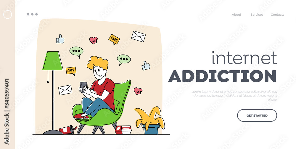 Fototapeta premium Gadget Addiction, Cellphone Communication Landing Page Template. Woman Character Looking on Screen of Smartphone Write Messages in Social Media on Mobile Phone in Internet. Linear Vector Illustration