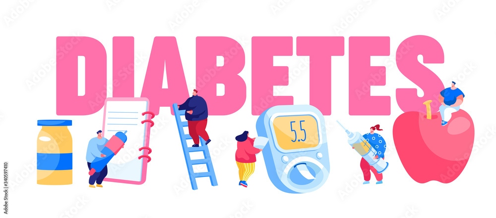 Diabetes Sickness Concept. People Characters with Checking Equipment for Treatment High Sugar Level in Blood. Glucose Testing Meter. Insulin Control Poster Banner Flyer. Cartoon Vector Illustration