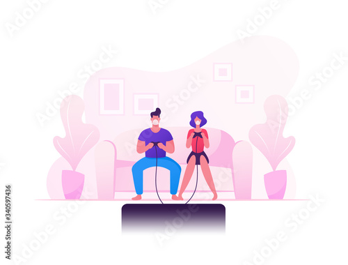 Family Couple Character Playing Computer Games. Man Woman Spare Time, Virtual Reality Addiction. People Spend Free Time during Covid19 Pandemic Quarantine Self Isolation. Cartoon Vector Illustration