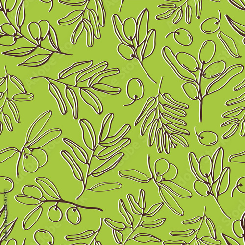 Olives seamless pattern with olive branches and fruits for Italian cuisine design or extra virgin oil food or cosmetic product packaging wrapper. Hand drawn Illustration in vector.