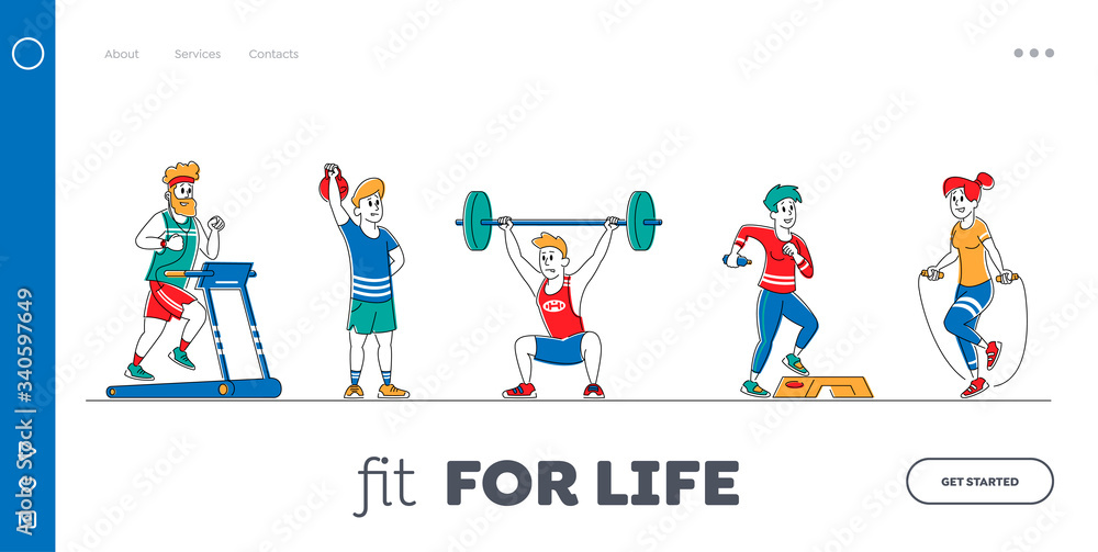Characters Training with Sports Equipment in Gym Landing Page Template Set. People Doing Fitness Workout with Weight, Running on Treadmill. Sport Activity, Healthy Life. Linear Vector Illustration