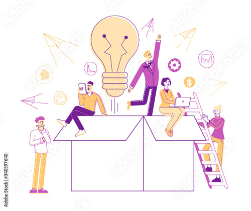 Think Outside Concept. Tiny Male and Female Characters around of Huge Carton Box with Light Bulb, Paper Airplanes Flying Out and Businesspeople Work om Laptops. Linear People Vector Illustration