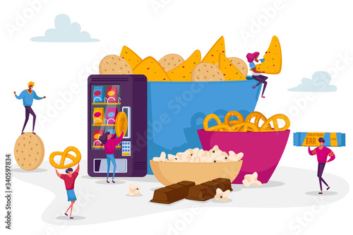 People Eating Snacks Concept. Tiny Male and Female Characters Enjoying Different Dry Appetizers Pop Corn, Pretzel Biscuits Chips Sweets Bars and Donuts in Vending Machine. Cartoon Vector Illustration