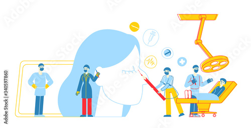 Plastic Surgeon Characters Correcting form of Woman Nose, Put Dotted Line with Marker on Skin. Rhinoplasty Correction Procedure, Surgical Nasal Improvement Concept. Linear People Vector Illustration