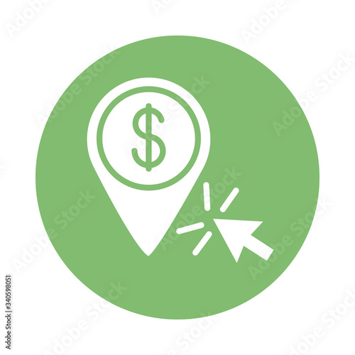 coin dollar with pin location block style icon