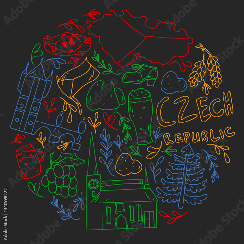 Vector icons and symbols. Czech Republic illustrations for banners, posters, background.