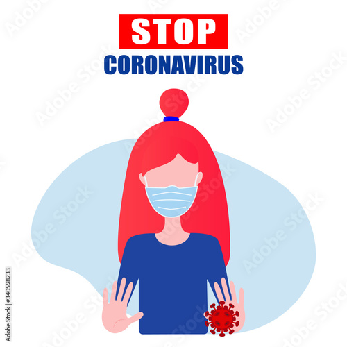 Stop covid 19 coronavirus, girl in medical mask vector illustration