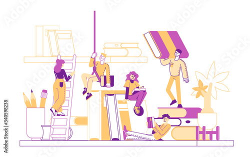 Tiny Male Female Character on Shelf with Huge Books. Reading and Education Concept with People Read and Study, Students Prepare for Examination, Gaining Knowledges. Linear People Vector Illustration