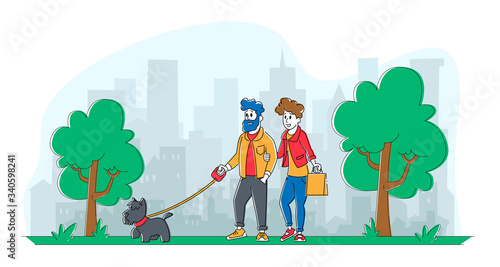 People Spending Time with Pet Outdoors. Male and Female Couple Characters Walking with Dog in Public City Park or Home Yard. Leisure, Communication with Animals. Linear People Vector Illustration
